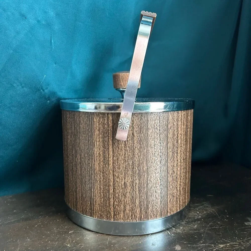 Mid-Century Atapco USA Chrome Woodgrain Ice Bucket
